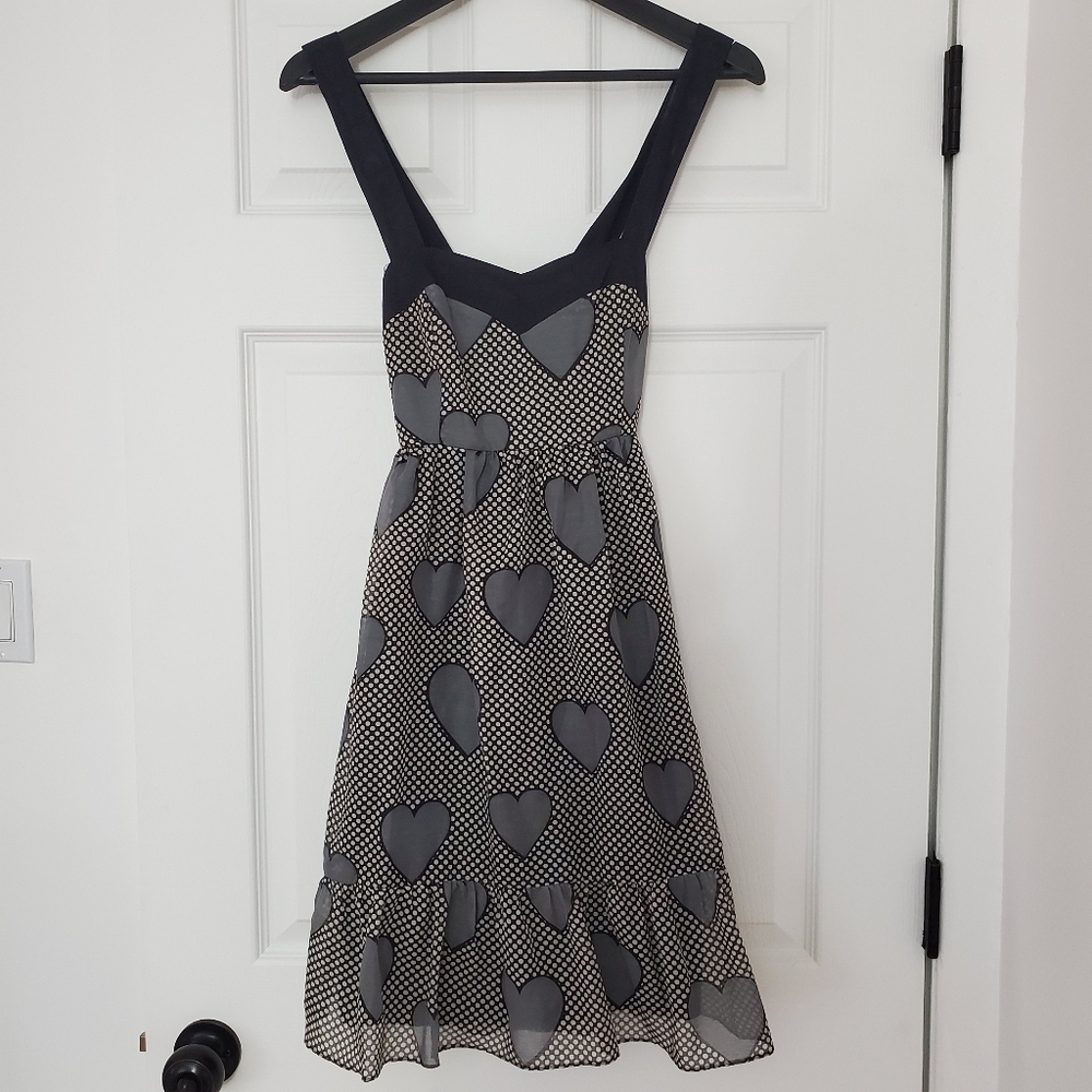 NWOT Top Shop Babydoll Dress Heart & Polkadot Printed Pattern Size 4, Navy, Grey